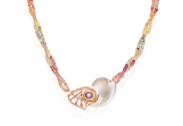 Rose and white gold clasp set with a star sapphire and strung on a corundum necklace NC-G 004-Daniel Gallie