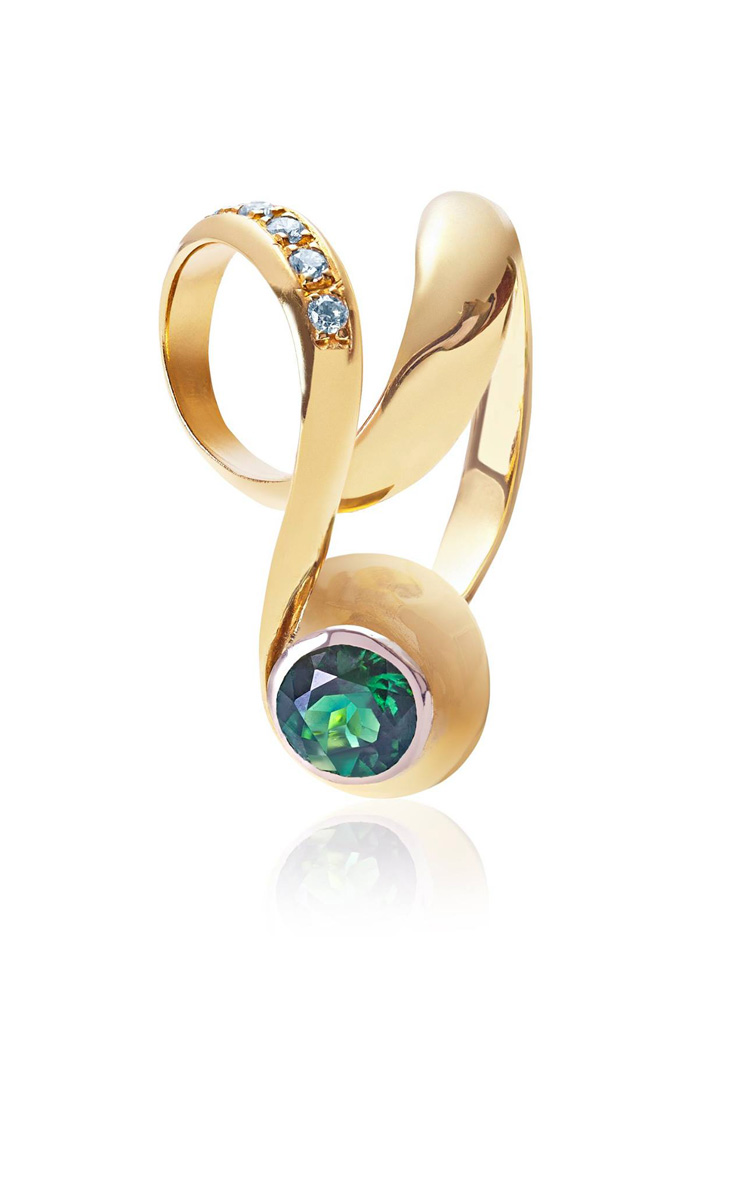 Infinity, flowing gold ring set with a vivid green tourmaline and pave diamonds RI-GD034-Daniel Gallie